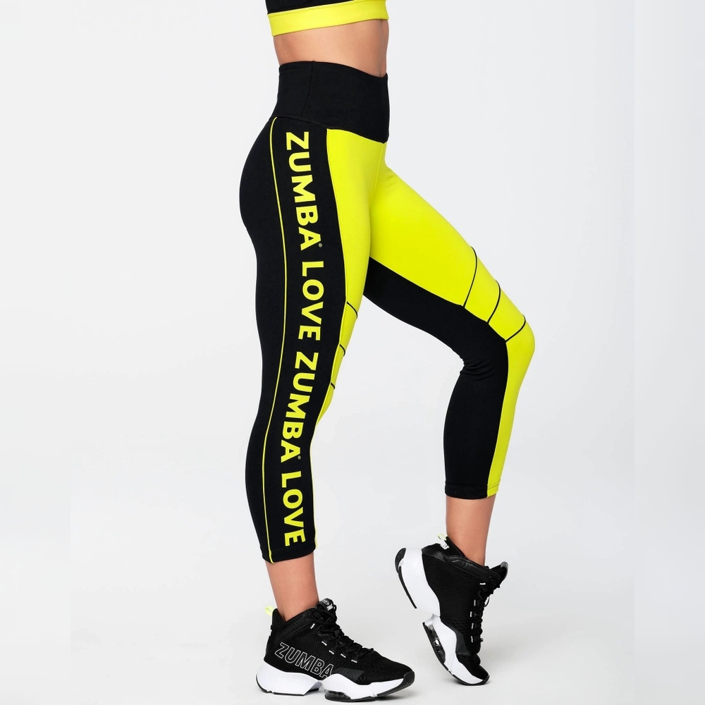 Zumba High Waisted Crop Leggings size Small Spicy Bold Black Yellow Hi-waist New